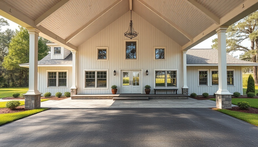 Modern farmhouse designed for multigenerational living with a spacious lawn.