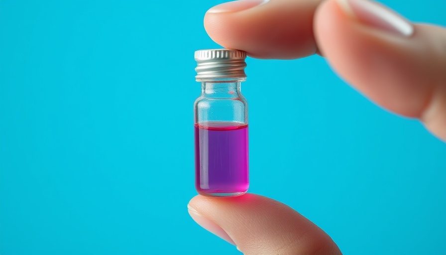 Small glass vial with pink liquid against blue background.