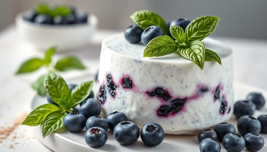Colorful blueberry basil yogurt semifreddo topped with fresh basil leaves