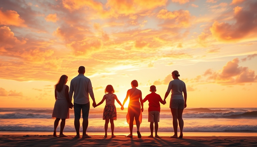 Silhouette of a large family at the beach during sunset, highlighting family togetherness.
