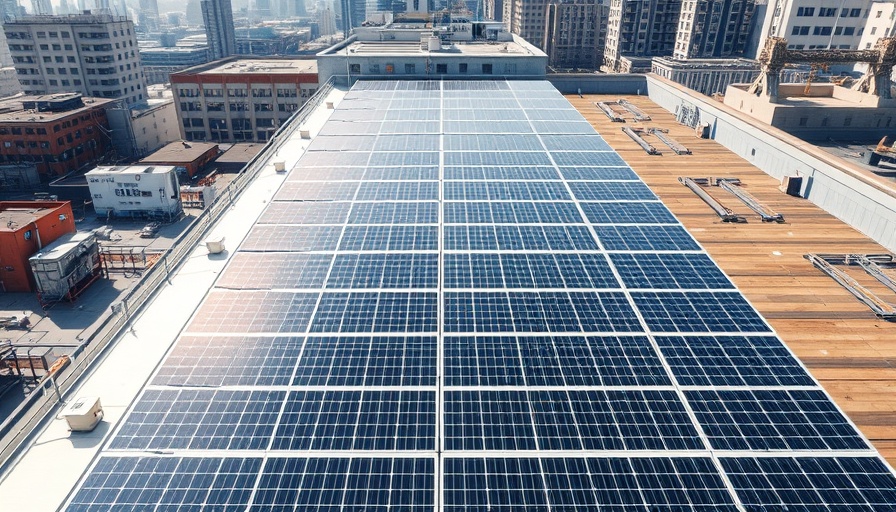 Urban rooftop with solar panel systems interconnection in cityscape.