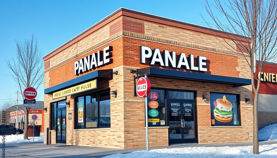 Modern pancake house exterior on a bright winter day in Michigan.