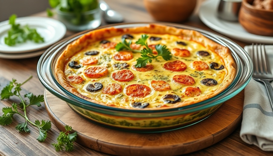 Pesto Salmon Frittata Recipe on wooden table with fresh greens