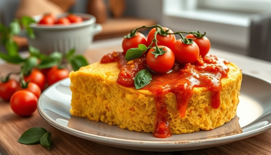 Corn-studded cornbread with saucy tomatoes on a plate, garnished.