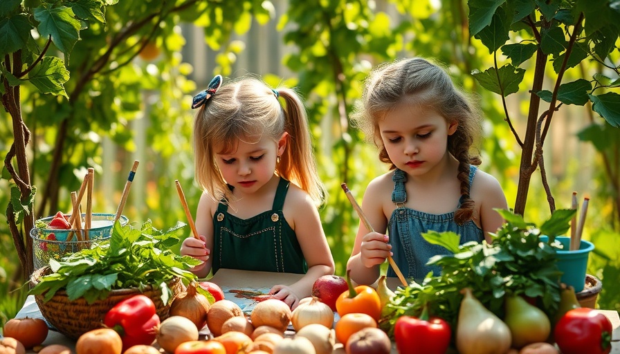 Kids painting summer superfoods outdoors, vibrant scene.