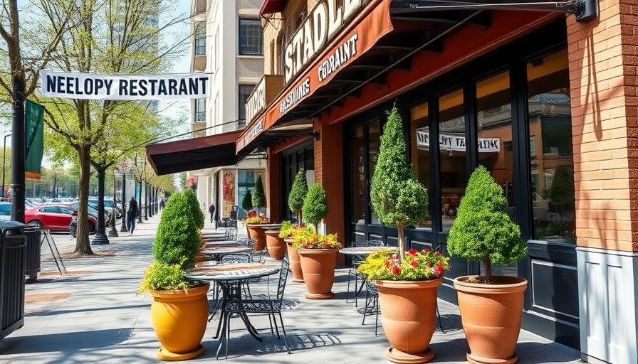 Outdoor view of a restaurant with seating, California Cabbage Rolls