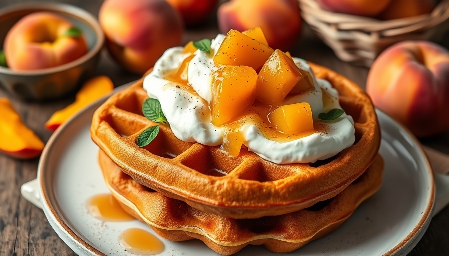 Sweet potato waffles with peach topping recipe, rustic style.