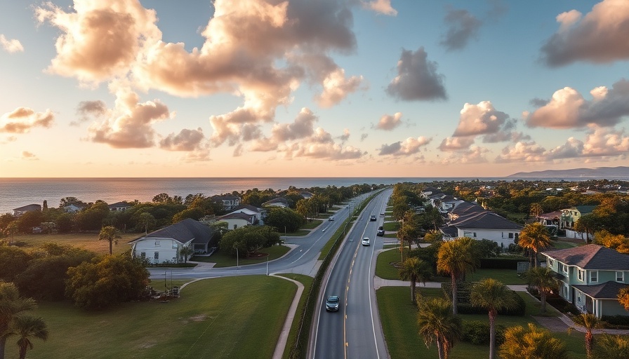 Scenic coastal town road with lush greenery in Florida, ideal for stress-free living.