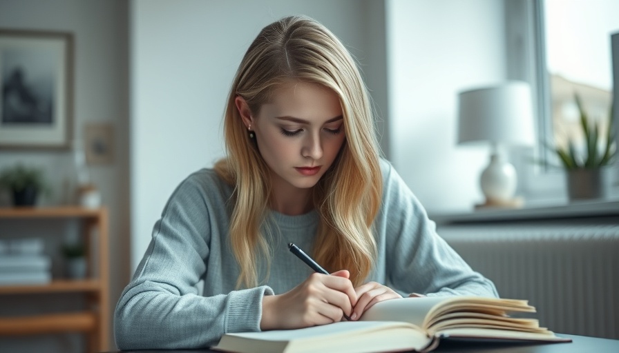 Young woman practicing writing rituals in a minimalist room.