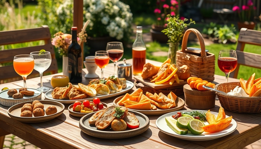 Diverse outdoor picnic spread with appetizers and drinks.