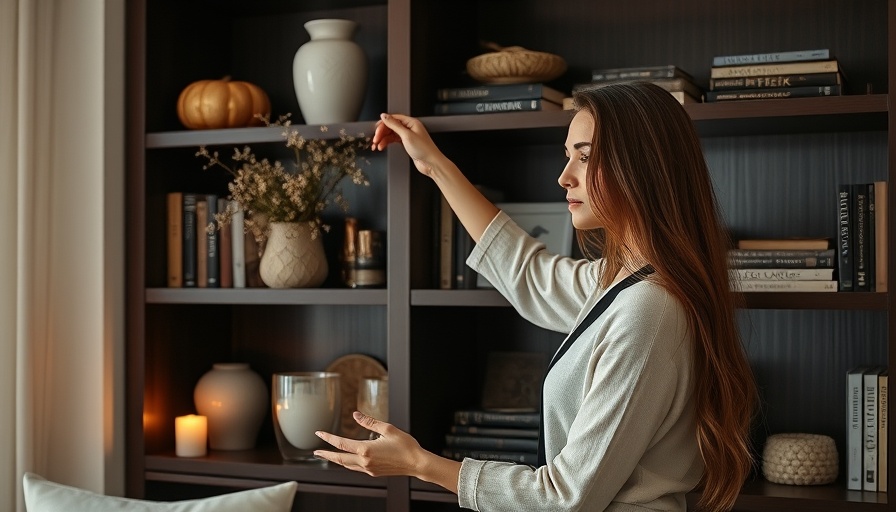 Living room transition from summer to fall with woman organizing shelf.
