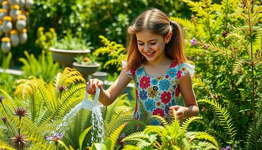 Young girl watering plants in a garden, exploring herbal remedies.