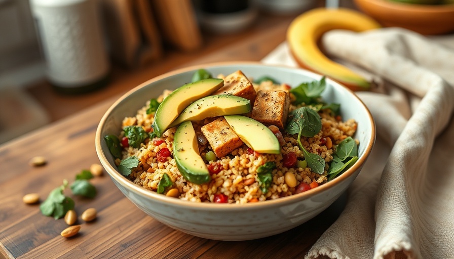 Colorful tofu scramble quinoa bowl on rustic table.