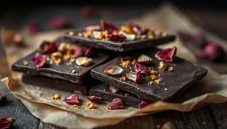 Rose dark chocolate bark recipe with dried petals and bee pollen.