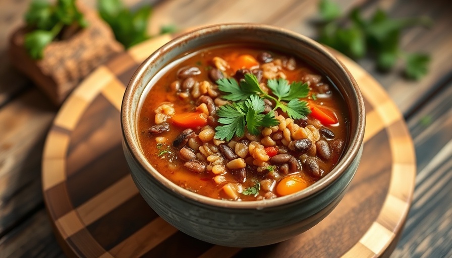 Chunky Lentil Farro Minestrone Recipe in a bowl on wood board.