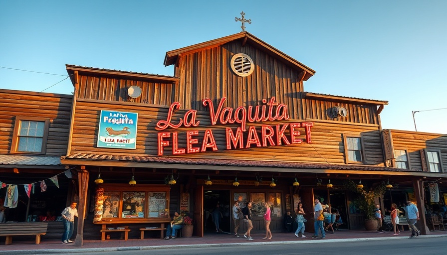 Rustic exterior of La Vaquita Flea Market in Georgia with people outside