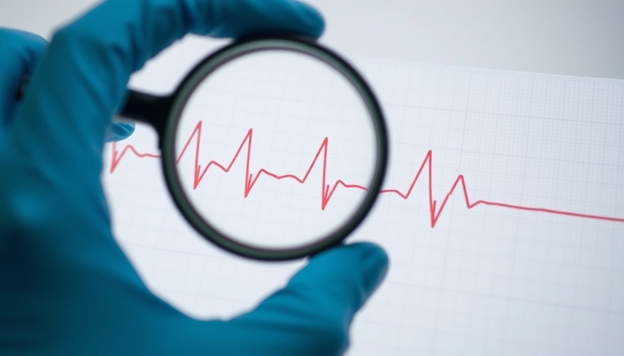 Close-up of ECG screening with magnifying glass for atrial fibrillation detection.