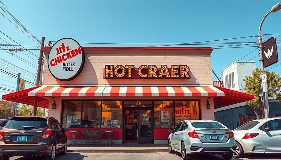 Exterior of a Nashville Hot Chicken restaurant with parked cars.