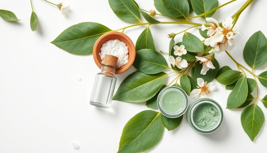 Natural wellness setup with green leaves and skincare items.