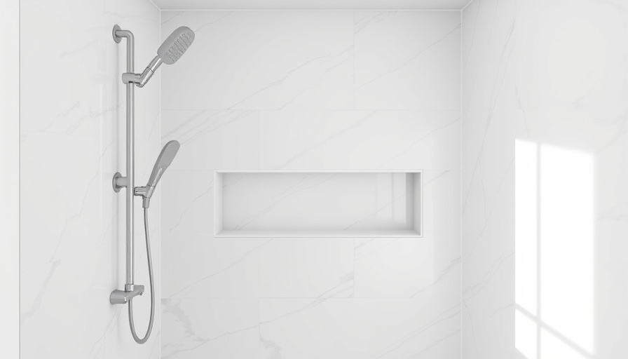 DIY shower tile installation with white marble tiles and shelf.
