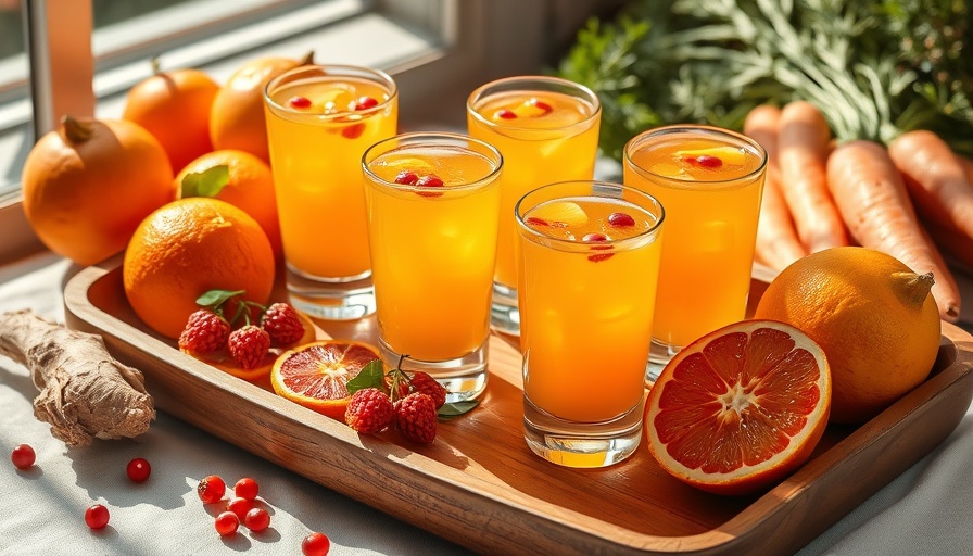 Vibrant citrus elixir with oranges and ginger on wooden tray.