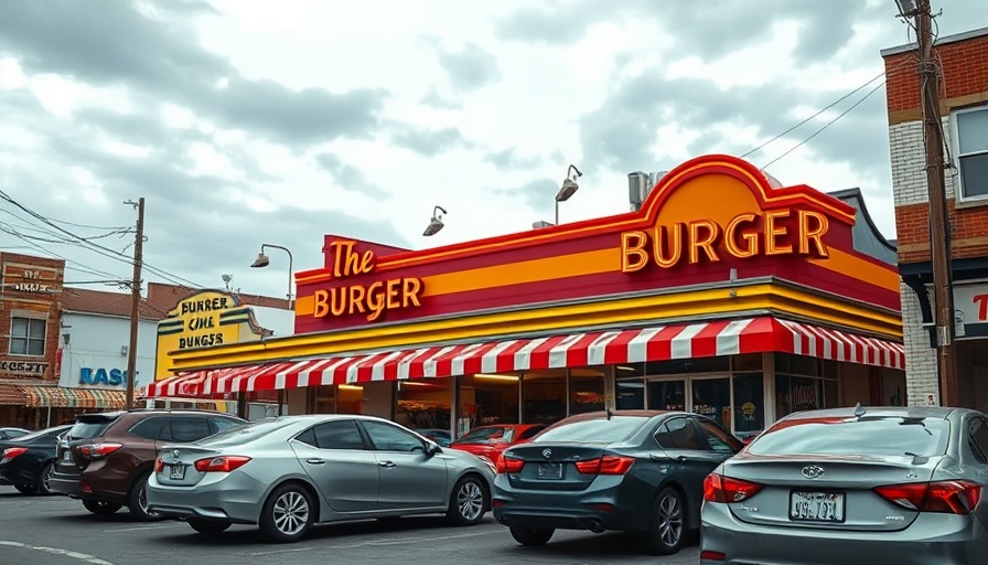 Exterior of The Varsity, iconic burger joint in Georgia, with cars and cloudy sky