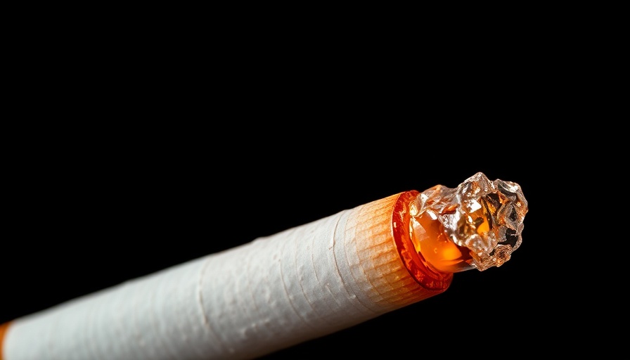 Lit cigarette glowing against dark backdrop, smoking implications.