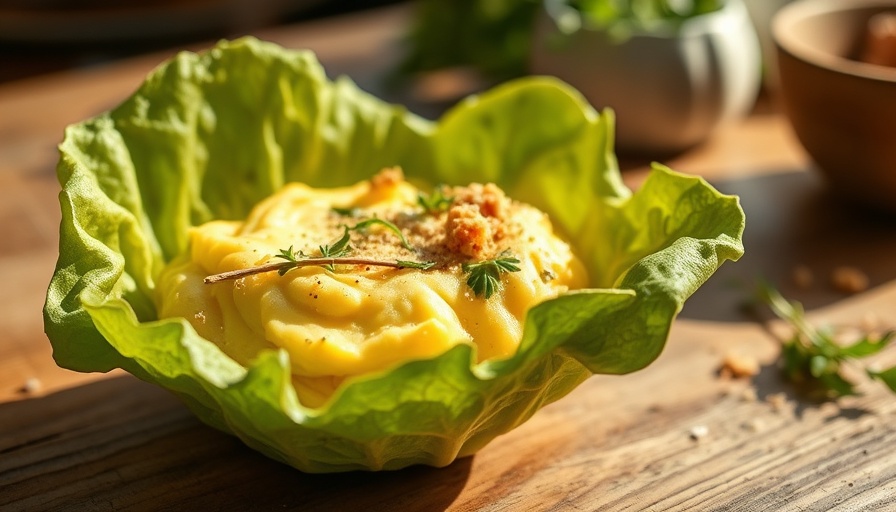 Soft scrambled egg lettuce cups garnished with herbs in sunlight.