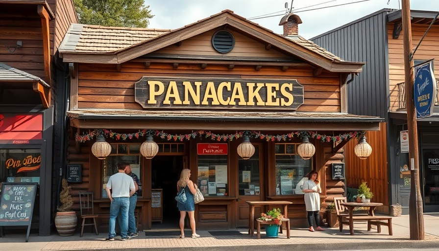 Rustic Log Cabin Pancake House under cloudy sky with visitors.