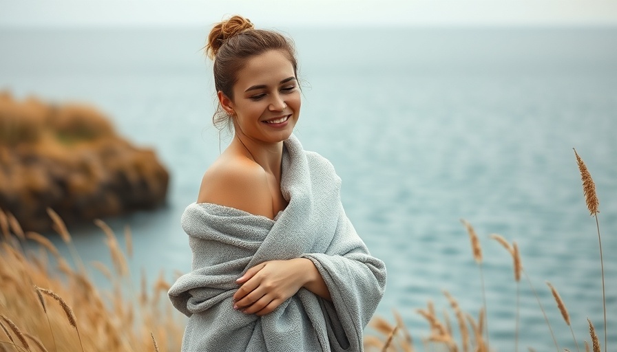 Woman by water, exploring benefits of blue spaces.
