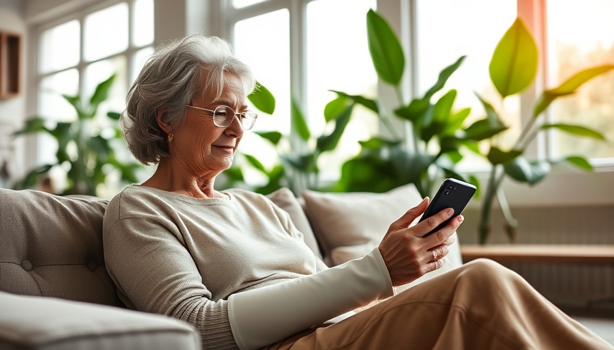 Mature woman managing anxiety with a smartphone at home.