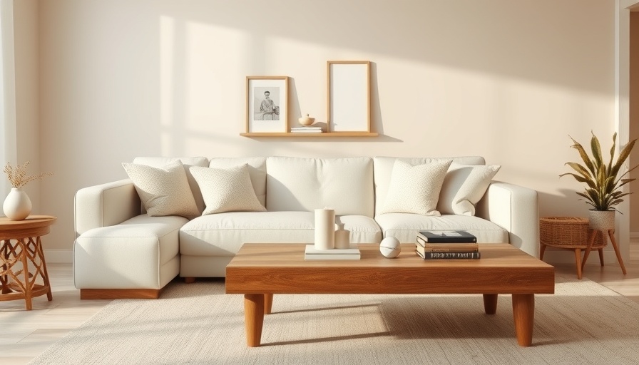 Cozy beige living room with feng shui design elements and decor.