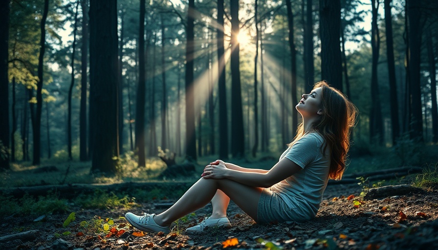 Woman experiencing health benefits of forest bathing in sunlit woods.