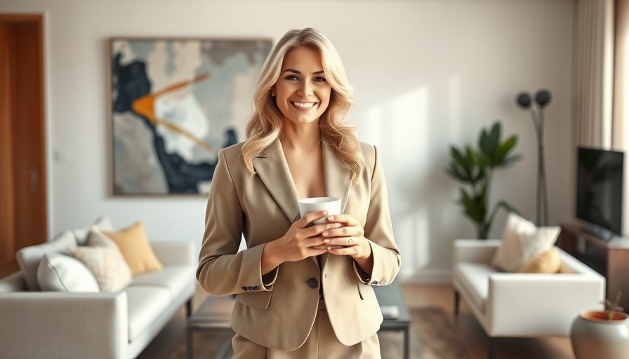 Blonde woman in a beige suit holding a coffee cup, showcasing beauty secrets for women in their 40s.