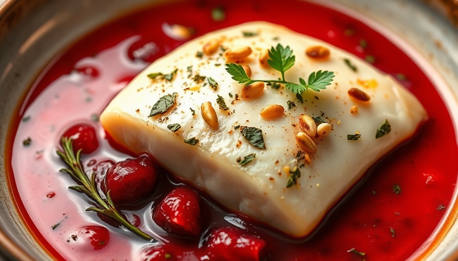 Cranberry Poached Halibut garnished with herbs and nuts.