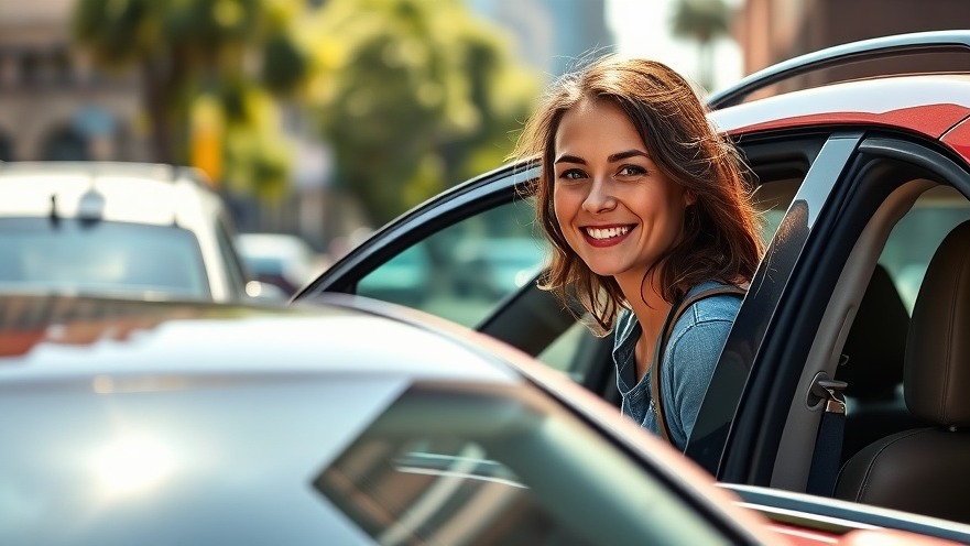 Casual young woman smiling during a road trip, perfect for fun road trip questions.