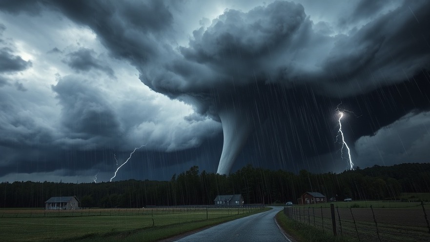 Severe weather scene in Georgia showing a tornado watch with storm clouds, rain, and urgency.