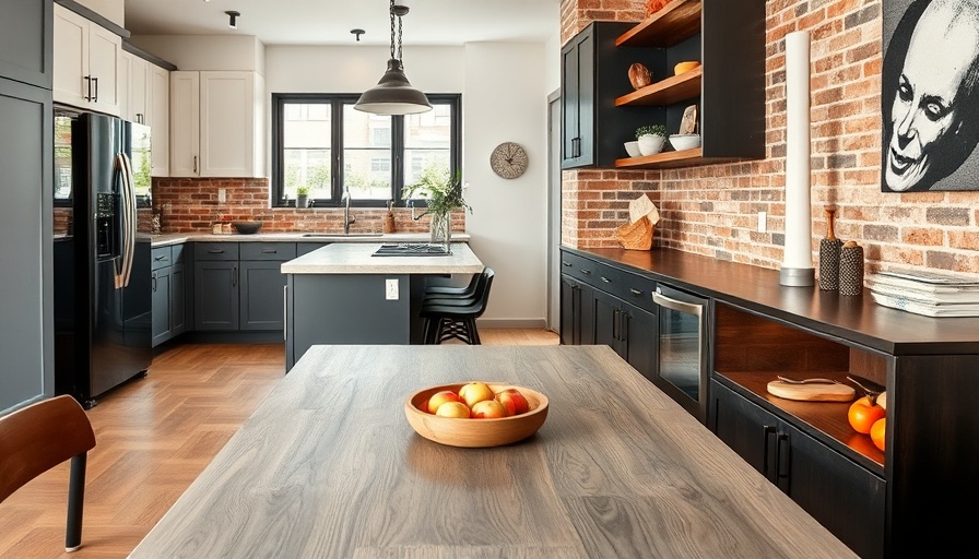 Collage showcasing kitchen remodeling ideas with modern counters, table, and shelving.