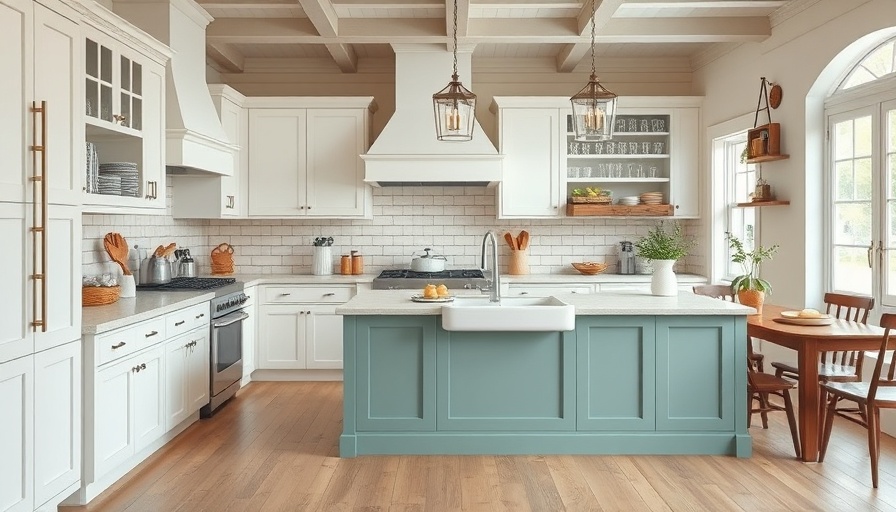 Charming cottage kitchen with teal island and farmhouse sink.