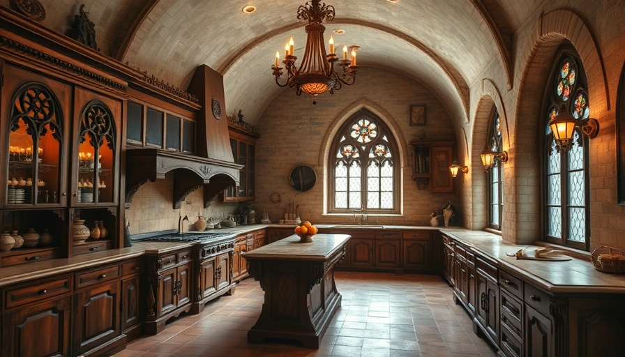Rustic Gothic kitchen with ornate wood and stone elements.