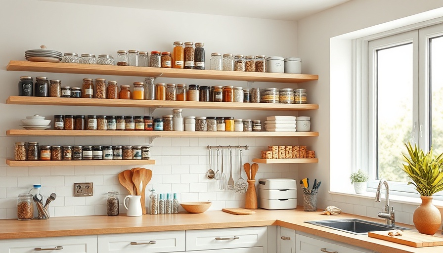 Efficient kitchen organization with spices and jars on wooden shelves.
