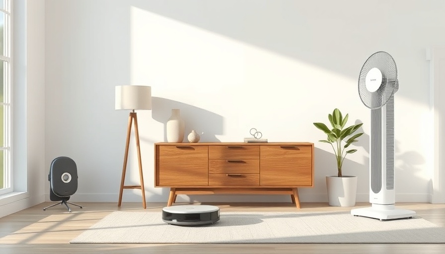 Modern living room with smart gadgets and minimalist design.