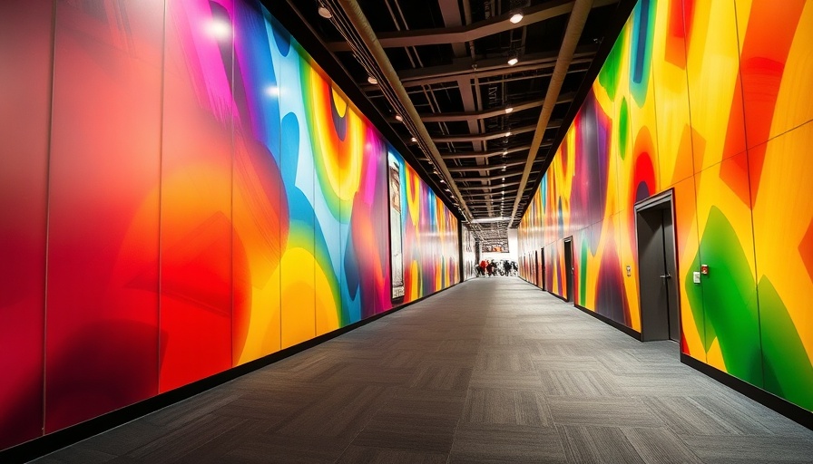 Colorful exhibition hallway with abstract wall design.
