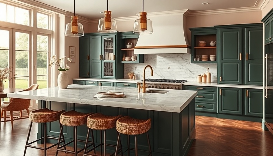 Elegant kitchen island with marble countertop and green cabinets
