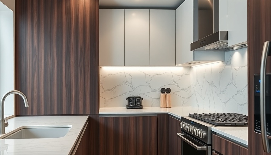 Modern kitchen corner with marble backsplash and wooden cabinets showcasing kitchen features.