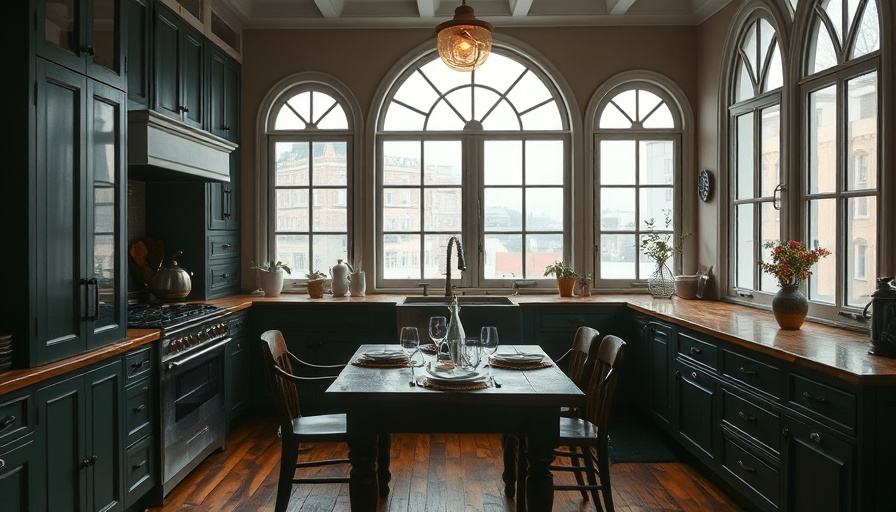 Vintage kitchen with dark green cabinets and elegant windows.