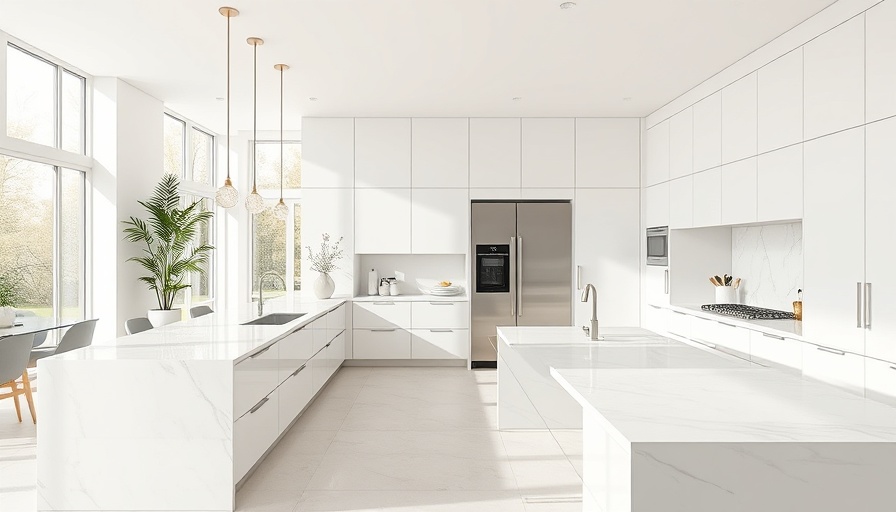 Soft white kitchens with large island and sleek design.