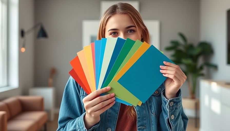 Woman demonstrating color constancy with samples in a minimalist room.