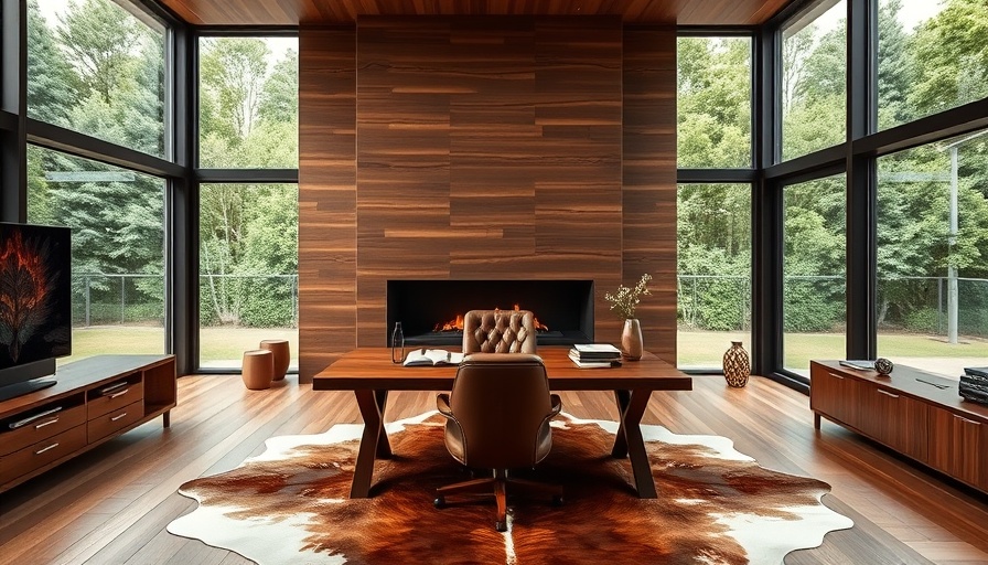 Modern luxury home study with fireplace and large windows.