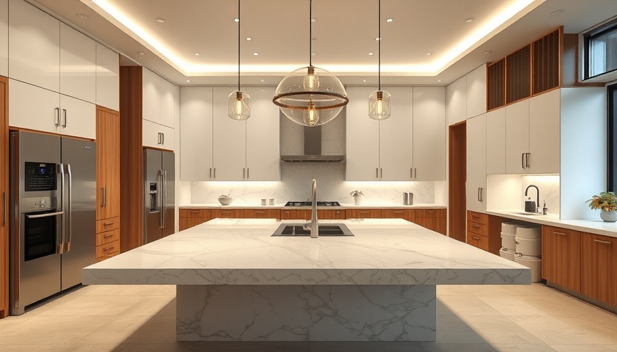 Luxury kitchen design with large marble island and sleek appliances.